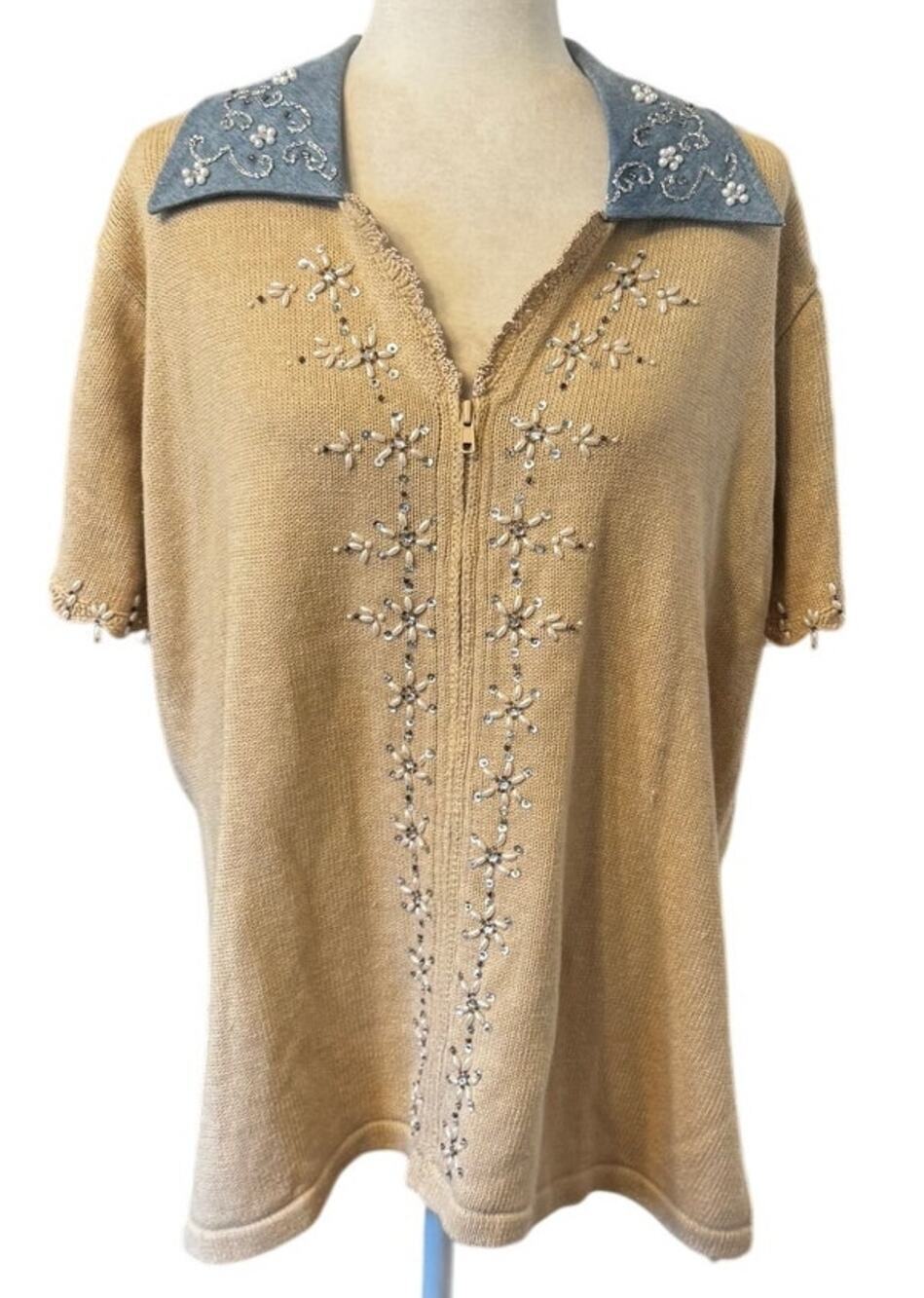 Vintage Storybook Knits Dazzling Denim Embellished Sweater Beige Blue Beaded 1X